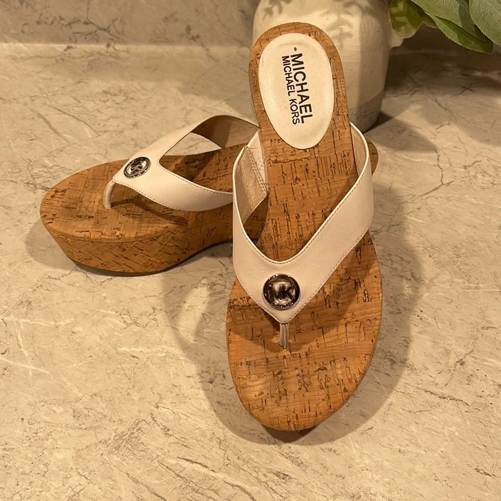 MICHAEL Michael Kors White Leather Cork Platform Thong Sandals